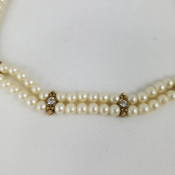 Vintage 1928 Signed Imitation Pearl Rhinestone Gold Tone Double Strand Necklace - Picture 3 of 5